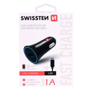   Swissten autós töltő, 1 USB port, mikro USB kábellel, 1 A, fekete