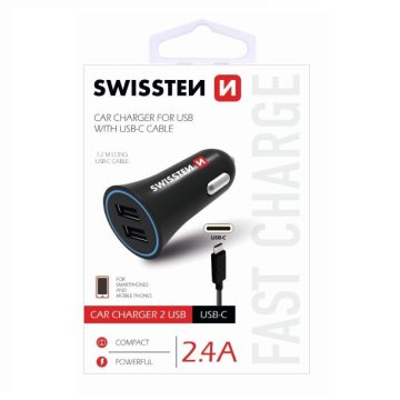   Swissten autós töltő, 2 USB port, USB-C kábellel, 2,4 A, fekete