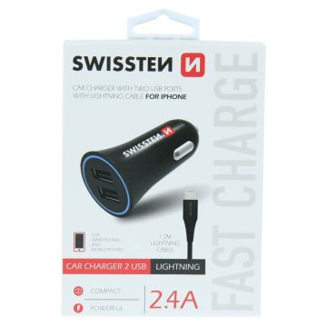   Swissten autós töltő, 2XUSB, lightning kábellel, 2,4A, fekete