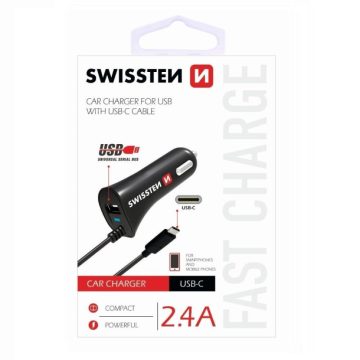   Swissten autós töltő USB-C kábellel, + 1 USB port, 2,4 A, fekete