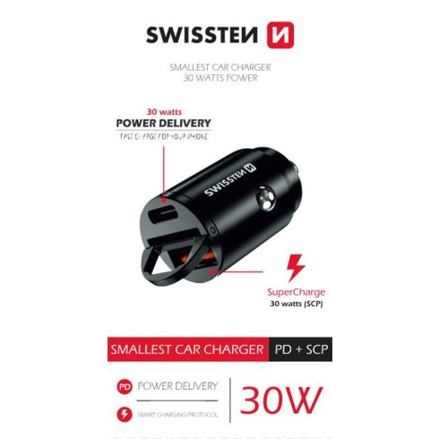 Swissten autós töltő adapter PowerDeliver USB-C + Super Charge 3.0, 30W, nano, fekete