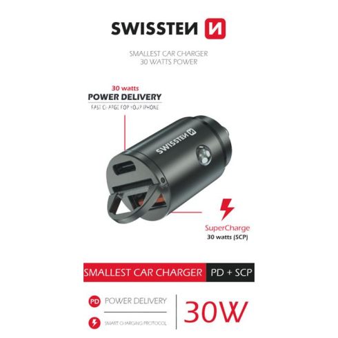 Swissten autós töltő adapter PowerDeliver USB-C + Super Charge 3.0, 30W, nano, ezüst