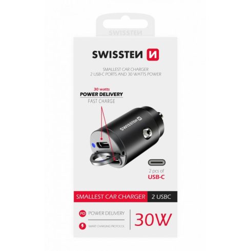 Swissten autós töltő adapter Power Delivery 2XUSB-C, 30W, fekete