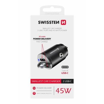   Swissten autós töltő adapter Power Delivery 2XUSB-C, 45W, fekete