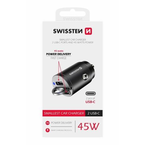 Swissten autós töltő adapter Power Delivery 2XUSB-C, 45W, fekete