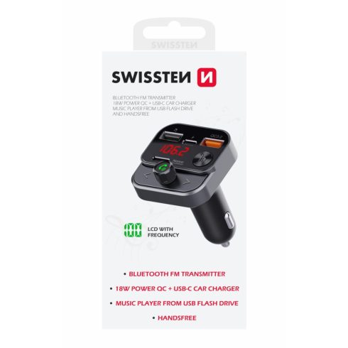 Swissten FM transzmitter, bluetooth, 2xUSB-A, 1xUSB-C, 64GB flash drive