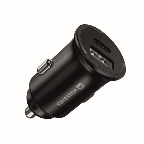 Swissten autós töltő adapter PowerDelivery 20W + USB 10W, fekete, iPhone12