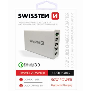   Swissten Qualcomm 3.0 gyorstöltő adapter, Smart IC, 5 USB, 50W, fehér