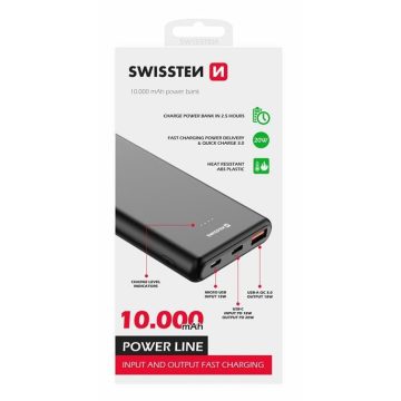   Swissten 10000 mAh power bank, Power Line, Power Delivery, 20W, fekete