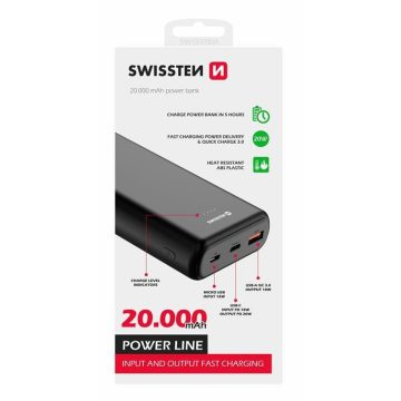   Swissten 20000 mAh power bank, Power Line, Power Delivery, 20W, fekete