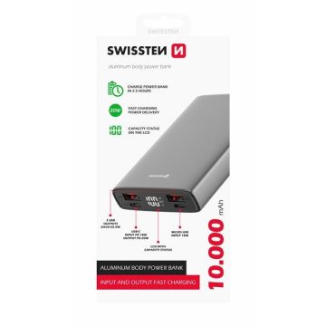   Swissten aluminium power bank, 10000 mAh, 20W, Power Delivery, szürke