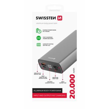   Swissten aluminium power bank, 20000 mAh, 20W, Power Delivery, szürke