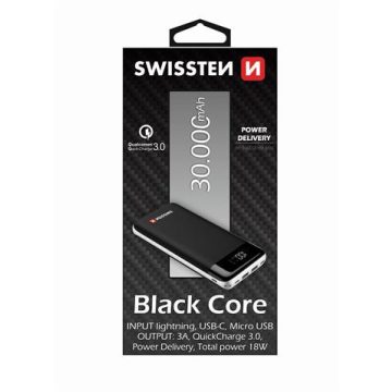   Swissten Qualcomm QuickCharge 3.0, PowerDelivery, Black core power bank, 30000 mAh