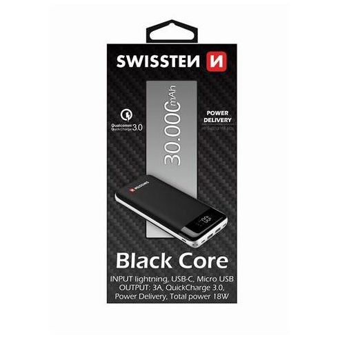 Swissten Qualcomm QuickCharge 3.0, PowerDelivery, Black core power bank, 30000 mAh