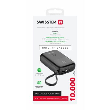   Swissten 10000 mAh power bank beépített USB-C és lightning kábellel, 22,5W
