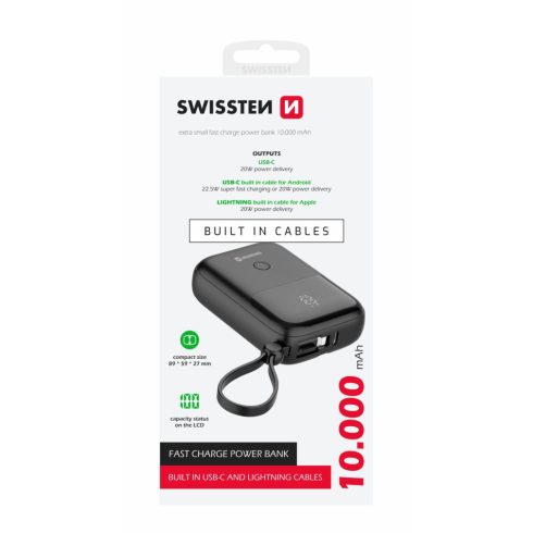 Swissten 10000 mAh power bank beépített USB-C és lightning kábellel, 22,5W