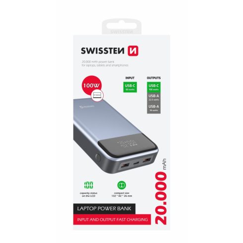 Swissten power bank laptopokhoz, 20000 mAh, 100W Power Delivery