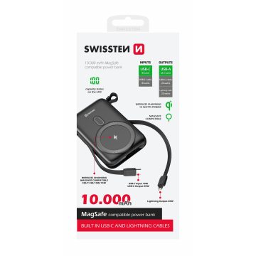   Swissten MagSafe kompatibilis power bank, 10000 mAh, 20W, beépített USB-C és lightning kábellel, 20W