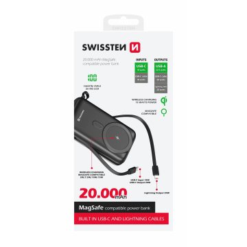   Swissten MagSafe kompatibilis power bank, 20000 mAh, 20W, beépítettUSB-Cés lightning kábellel, 22,5W