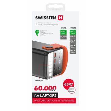   Swissten Power Line power bank, 60000 mAh, 65W PD laptopokhoz