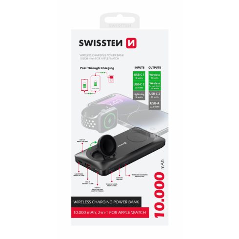 Swissten Pass Through Charging power bank, 10000 mAh, 2in1 Apple Watch, MagSafe