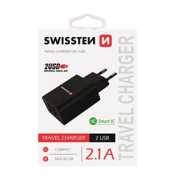   Swissten hálózati töltő adapter, 2 USB port, Smart IC, 2,1 A, fekete