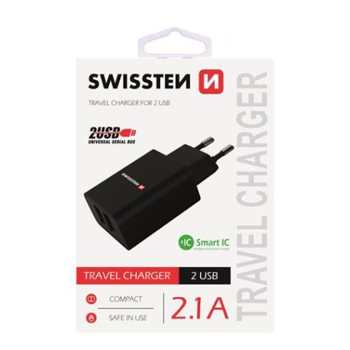 Swissten hálózati töltő adapter, 2 USB port, Smart IC, 2,1 A, fekete