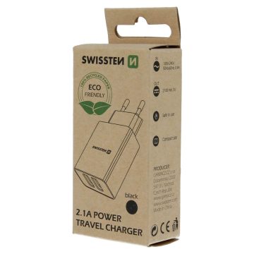   Swissten hálózati töltőadapter, 2 USB port, Smart IC, 2,1 A, fekete