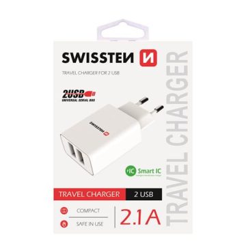   Swissten hálózati töltő adapter, 2 USB port, Smart IC, 2,1 A, fehér