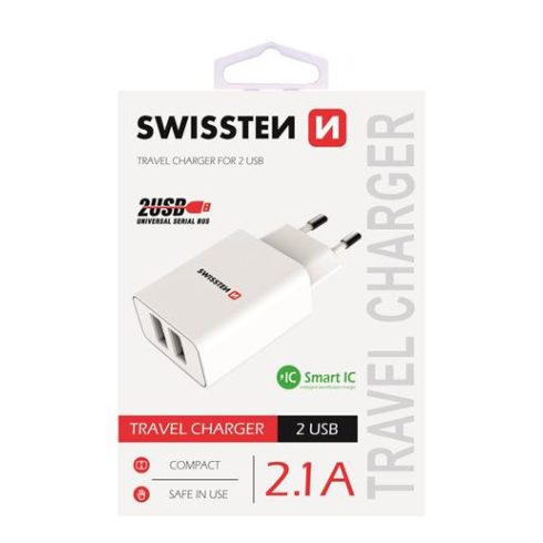 Swissten hálózati töltő adapter, 2 USB port, Smart IC, 2,1 A, fehér