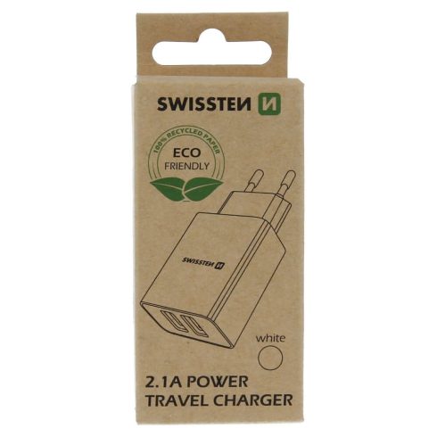 Swissten hálózati töltőadapter, 2 USB port, Smart IC, 2,1 A, fehér