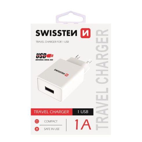 Swissten hálózati töltő adapter, 1 USB port, 1 A, fehér