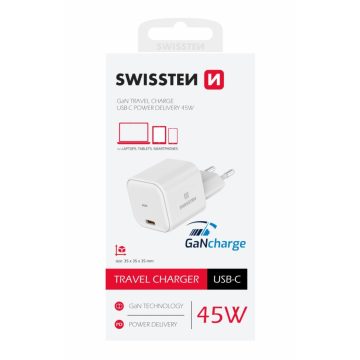   Swissten GaN hálózati töltőadapter 1xUSB-C, 45W, Power Delivery, fehér