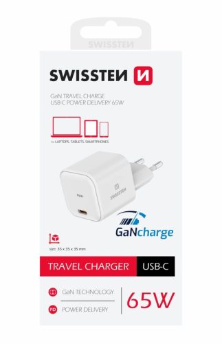 Swissten GaN hálózati töltőadapter 1xUSB-C, 65W, Power Delivery, fehér