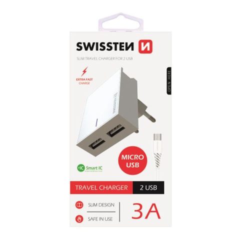 Swissten hálózati gyorstöltő adapter, Smart IC, 2 USB port, 3A, fehér + mikro USB kábel