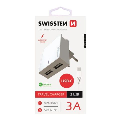 Swissten hálózati gyorstöltő adapter, Smart IC, 2 USB port, 3A, fehér + Type-C kábel