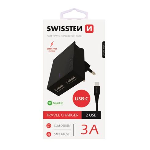 Swissten hálózati gyorstöltő adapter, Smart IC, 2 USB port, 3A, fekete + Type-C kábel