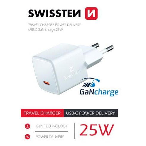 Swissten GaN mini hálózati töltőadapter, USB-C, 25W, PowerDelivery