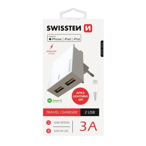 Swissten hálózati gyorstöltő adapter, Smart IC, 2 USB port, 3A, fehér + lightning MFI kábel