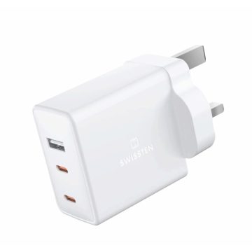   Swissten UK (angol) hálózati töltőadapter GaN 2xUSB-C, 1xUSB, 70W, fehér