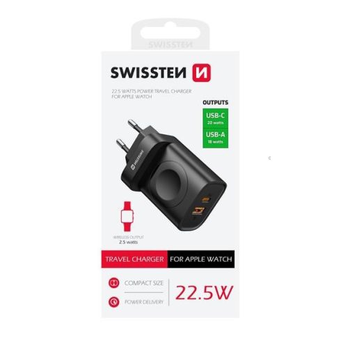 Swissten 2in1 hálózati töltőadapter 1XUSB-A, 1XUSB-C, 1X Apple Watch, 22,5W, fekete