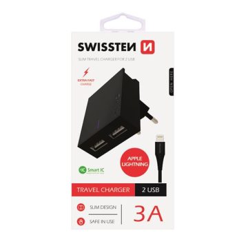   Swissten hálózati gyorstöltő adapter, Smart IC, 2 USB port, 3A, fekete + lightning kábel