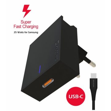   Swissten Samsung SuperFastCharging 25W hálózati töltő adapter fekete + 1,2 m Type-C töltőkábel