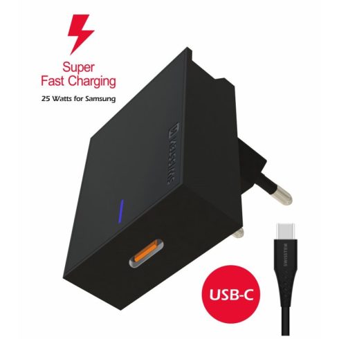 Swissten Samsung SuperFastCharging 25W hálózati töltő adapter fekete + 1,2 m Type-C töltőkábel