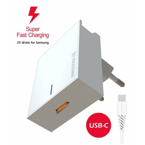 Swissten Samsung SuperFastCharging 25W hálózati töltő adapter fehér + 1,2 m Type-C töltőkábel