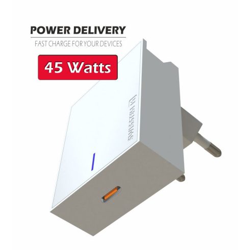 Swissten USB-C Power Delivery 45W hálózati gyorstöltő, laptop, tablet, telefon, fehér