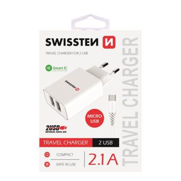   Swissten hálózati töltő adapter + mikro USB kábel, 2 USB port, Smart IC, 2,1 A, fehér