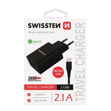   Swissten hálózati töltő adapter + mikro USB kábel, 2 USB port, Smart IC, 2,1 A, fekete