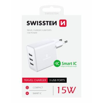 Swissten hálózati töltőadapter, 3XUSB, 15W, fehér