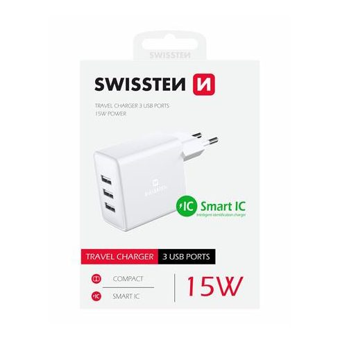 Swissten hálózati töltőadapter, 3XUSB, 15W, fehér